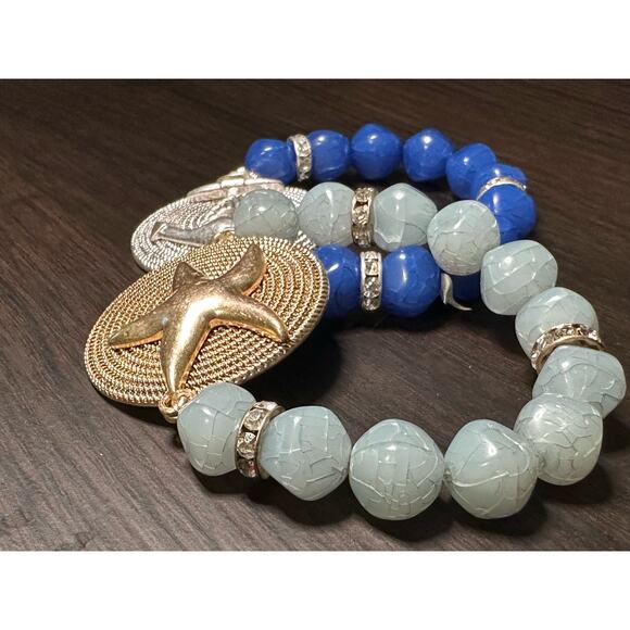 Pair of Coastal Beaded Bracelets Banded Anchor Starfish Fashion Jewelry - Picture 5 of 11